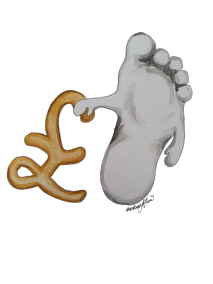 Lifelike white foot drawing with arms pulling a gold pound sign along.