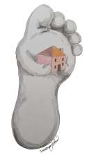 Lifelike white foot drawing with arms carrying small red roofed house.