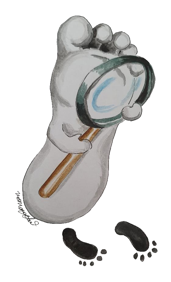 Lifelike white foot drawing with arms holding large magnifying glass examining black foot prints.