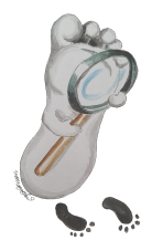Lifelike white foot drawing with arms holding large magnifying glass examining black foot prints.
