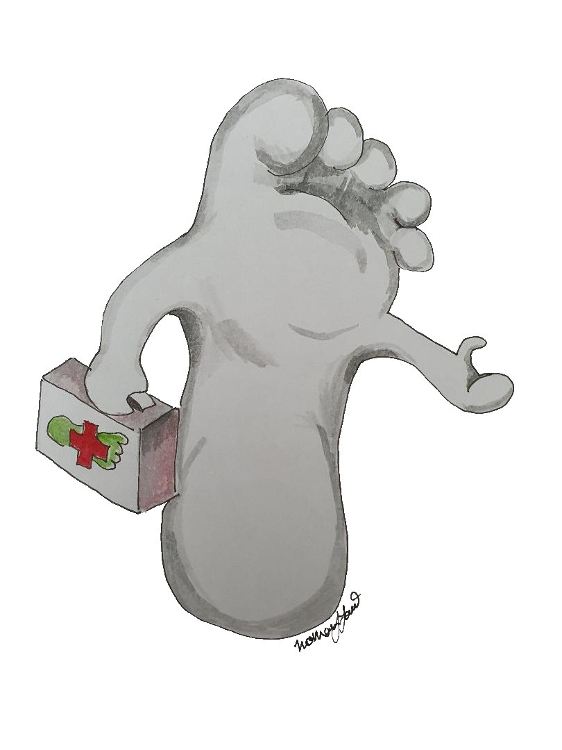 Lifelike white foot drawing with arms carrying white case with red cross and green footprint in one arm. Holding out other arm in welcome.