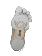 Lifelike white foot drawing with arms carrying a gold padlock.