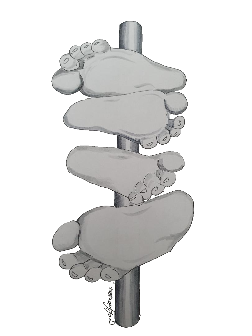 Lifelike white feet drawing attached to a grey post to look like an old fashioned signpost.